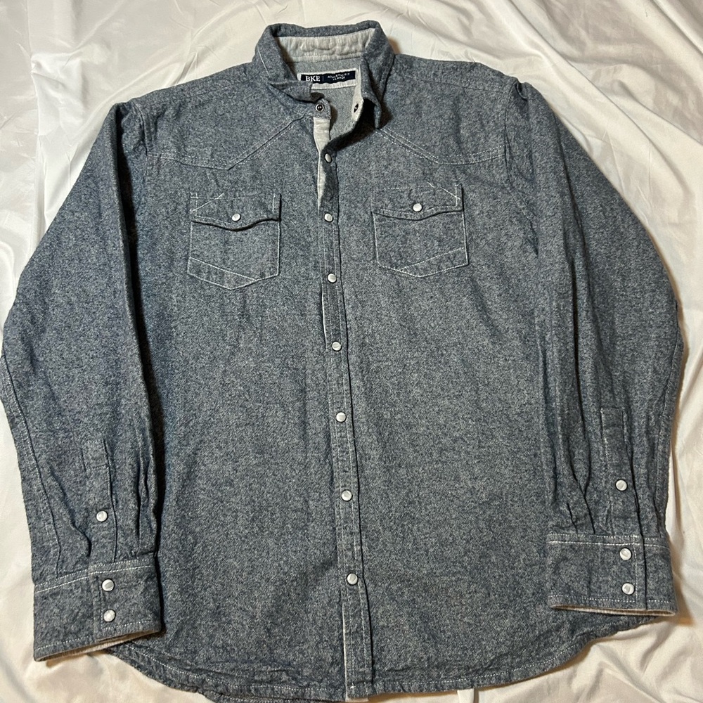 BKE Western Pearl Snap Shirt Mens XL Athletic Fit Heather Blue Flannel Thick